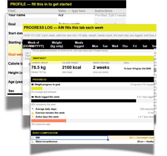 MyHealth Dashboard Aufthority — Google Sheets preview showing the Progress log tab with weight, meals logged, and body composition tracking